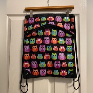 Tracker Whimsical Multi-Color Owl Print Drawstring Bag | Front Zipper Pocket